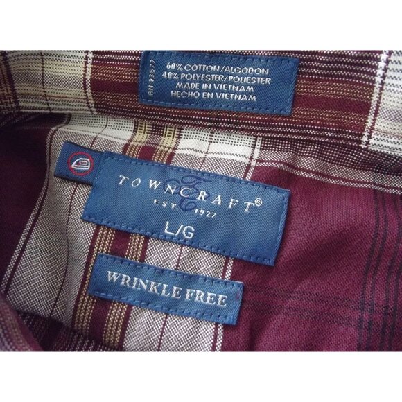 Towncraft Shirt Mens Sz Large Plaid Button-Up Long Sleeve Burgundy Wrinkle Free - Picture 3 of 11